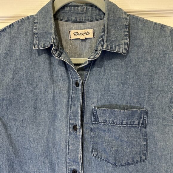 Madewell Denim Blouse Sleeveless XS‎ Blue Button Down Linen Blend Tie Front - Picture 7 of 8